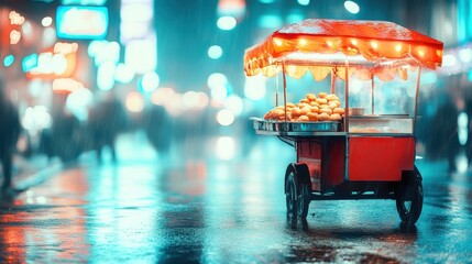 Vibrant Food Cart on Rainy Night in Busy Urban Street Scene