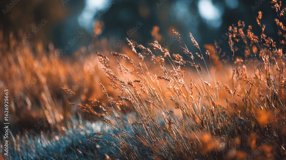 Poster close up of dry grass swaying in golden light. autumn season natural background with bokeh effect an