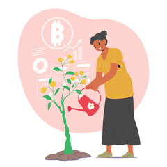 Elderly woman watering money tree from can caring for financial growth of pension investment