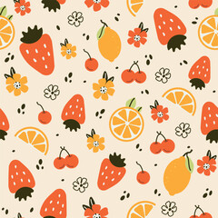 Seamless pattern with cute fruits, strawberry, flower, lemon. flat children's background with dessert, food. graphics for print, holidays, wallpaper, banners, surface texture, fabric. vector art 
