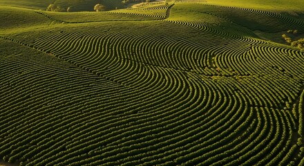 Rows of green plants arranged in a patterned field.