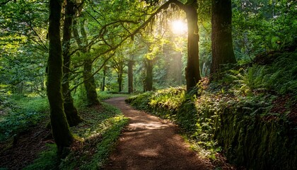 Fototapeta premium sun dappled forest path winding through lush greenery sunlight filtering through leaves creating a magical atmosphere perfect for nature fantasy and fairytale themes nature trees peaceful
