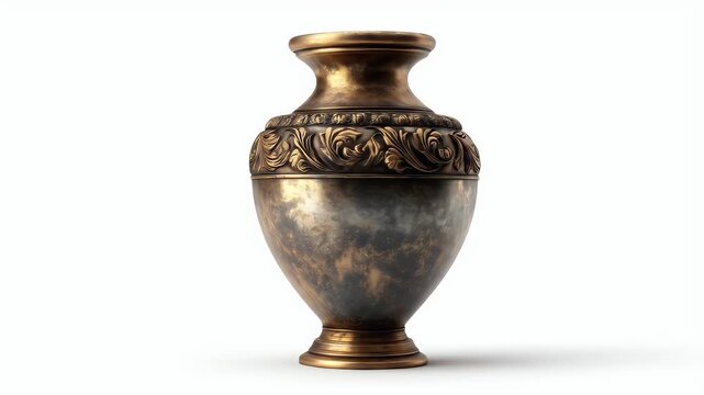 An ancient, ornate bronze vase with intricate carvings slowly rotates on a clean white background, showcasing its timeless beauty.