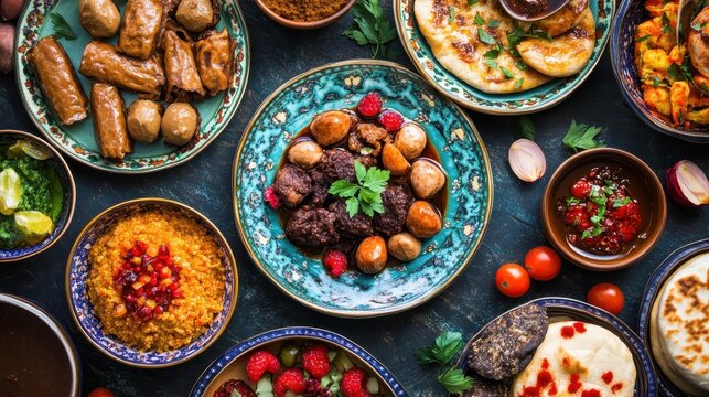 Vibrant Assortment of Middle Eastern Dishes on Colorful Plates
