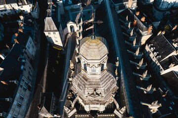 Captured from above, the Cathedral Saint-Pierre de Tours in France stands majestically, its aged...