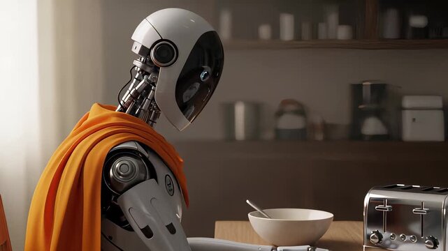 Robot Sits Quietly at a Wooden Table During a Calm Morning With Breakfast Items Nearby
