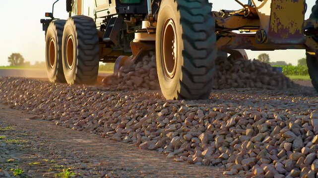 Heavy duty road grader spreading gravel and leveling construction site at sunset, building road base video footage.
