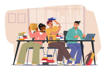 Happy experienced students laughing doing homework together helping eeach other to study scene