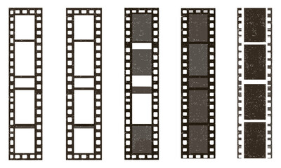 Retro film strip frame set with empty slots, cinema reel, distressed grain texture, vintage scratches, halftone noisy background. Modern creative vector collage, nostalgic digital art design