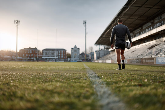A muscular rugby player walks across a stadium field, ball in hand, under a clear sky with stadium lights in the distance. The wide shot emphasizes the vastness of the sports venue.