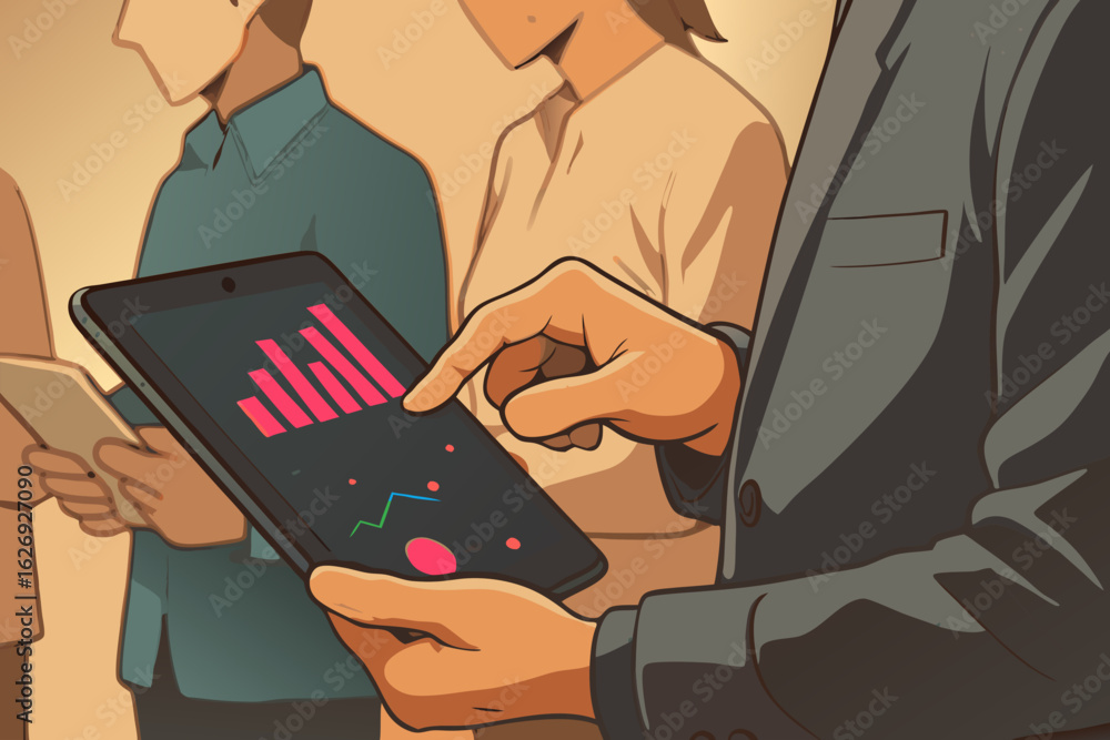 Aufkleber vector illustration of a business professional analyzing data charts on a digital tablet during a me