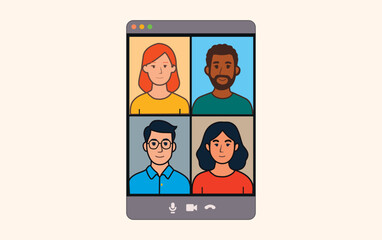 Ilustración de una interfaz de videollamada con varias personas en recuadros, mostrando diversidad étnica y de género. Trabajo remoto, reuniones virtuales, educación online y networking global.