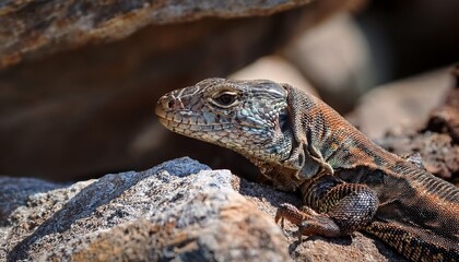 a lizard resting on rugged rocks blending into the textured surface with its natural camouflage sharp details highlight its scales posture and the rocky environment in stunning clarity