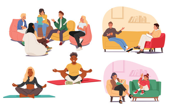 Professional psychological group, mindfulness practice for teenager mental health cartoon scene set