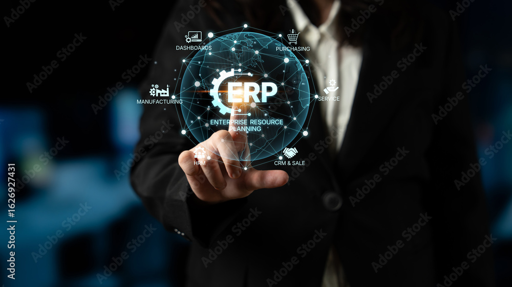 Poster erp platform visual showing centralized system for enterprise resource planning, improving integrati