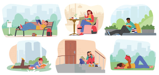 Experienced students characters reading paper books in different locations cartoon scene set