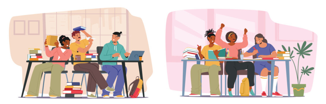 Happy students help each other in studying process while sitting at table in classroom or library