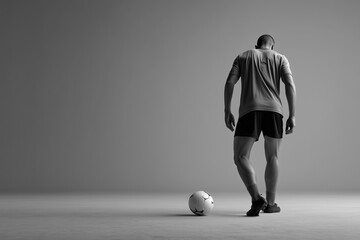 A bald male athlete, seen from behind, stands poised with a soccer ball on a minimalist grey backdrop. The image emphasizes readiness and the calm before action.

