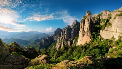 Obraz premium natural mountain landscape with rocky cliffs and green trees useful for nature travel or outdoor adventure themes