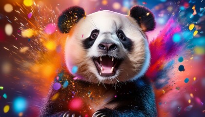 playful panda joyfully celebrating with vibrant colors in a lively dynamic background