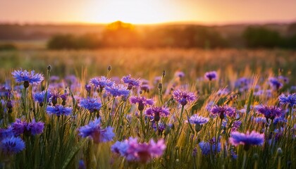 purple centaurea cyanus known as cornflower blooming in a tranquil meadow at sunset nature background