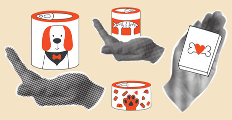 Set of retro collage elements with animal feed. Pet food in cans and boxes. Halftone hands in vintage style.