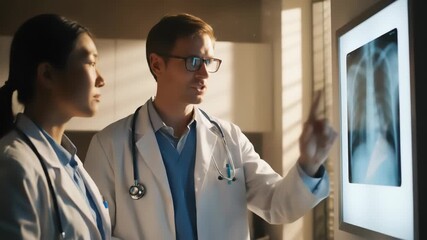 Two doctors in white coats review a large illuminated x-ray image. Warm light from a window illuminates the scene. - Powered by Adobe