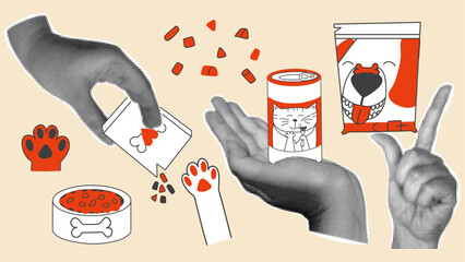 Set of retro collage elements with dry and wet animal feed. Halftone hands in vintage style.