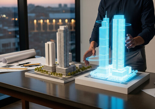 Architect presenting a holographic 3D model of a building project.