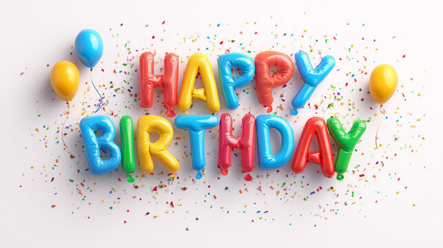 Birthday Celebration: A vibrant and colorful Happy Birthday balloon display surrounded by scattered confetti and cheerful balloons, creating a joyful atmosphere perfect for celebrations.
