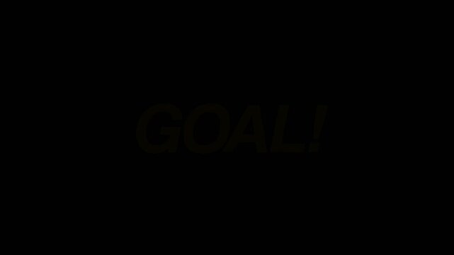 Animated text showing the word "GOAL!" in bold yellow and white gradient letters on a black background.