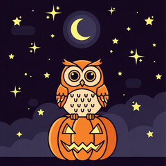 Fototapeta premium Flat Vector Scene of Cute Owl Perched on Carved Pumpkin under Spooky Night Sky