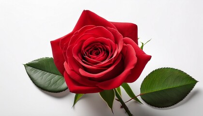 Naklejka premium single red rose flower with green leaf on white background