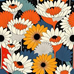 Colorful floral pattern with daisies and blooms on a black background  