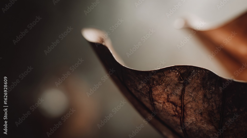 Poster close up macro view of a dry autumn leaf. fallen foliage detail. natural abstract texture and vein p