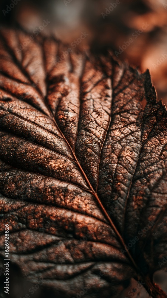 Poster closeup of a single autumn leaf showing intricate vein patterns and textured surface, symbolizing ch
