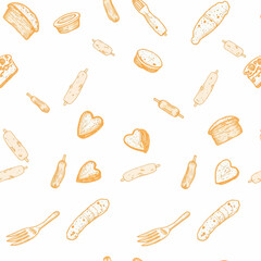 Food pattern with various baked goods and utensils in light tones  