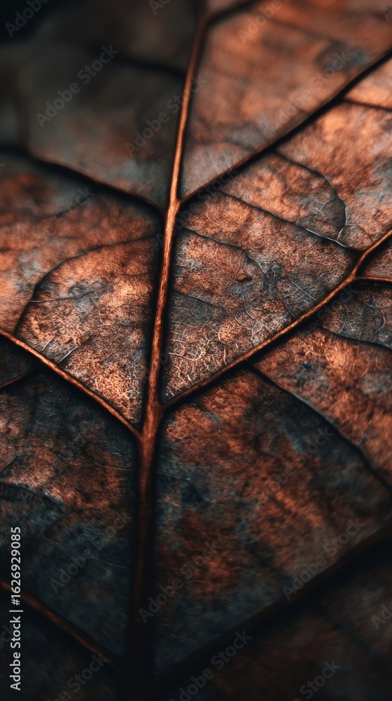 Poster macro close up detail of an autumn leaf showing its intricate texture and prominent veins. abstract 