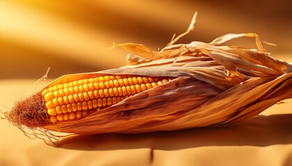 a corn cob with dried husks rests against a warm golden background highlighting its natural textures