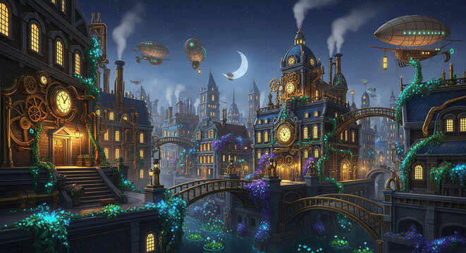Intricate steampunk city with airships and fantastical architecture.