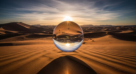 Crystal ball in the desert reflecting the sunset over sand dunes.