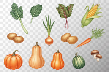  Fresh, seasonal vegetables vector clip art collection.