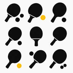 Black Silhouettes of Ping Pong Paddles and Balls