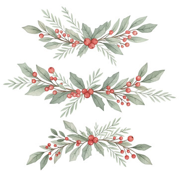 Naklejki Three elegant and festive watercolor Christmas garlands vector set.