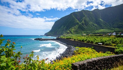 Generated image Lush Coastal Landscape, Green Mountains Ocean View Travel
