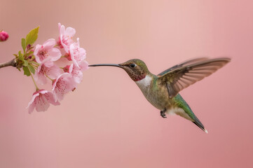 Naklejka premium Hummingbird in mid flight approaching pink cherry blossoms with iridescent feathers and soft pastel bokeh background