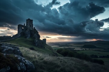 Dramatic skies over medieval castle ruins evoke a sense of history and adventure perfect for fantasy novels, travel blogs, and historical documentaries