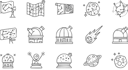 Set of astronomy and space-themed icons including telescopes, planets, constellations, and celestial events for scientific and educational purposes