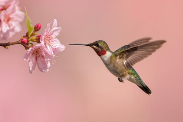 Naklejka premium Hummingbird in mid flight approaching pink cherry blossoms with iridescent feathers and soft pastel bokeh background