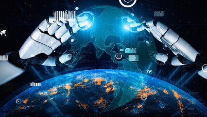 This captivating image features robotic hands reaching towards Earth, symbolizing the intersection of technology and nature, complete with digital data overlays and innovative designs. Xenic